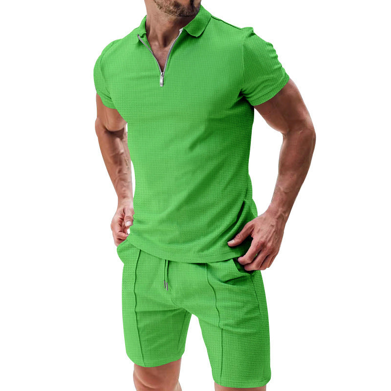 2Pcs Casual Waffle Suit Summer Zipper Lapel Short-sleeved Top And Drawstring Pockets Shorts Versatile Solid Color T-shirt Set For Mens Clothing - KuzuSHOP