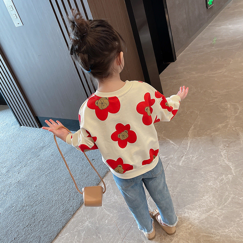New Girls Flower Bear T-shirt Bottoming Shirt Tide - KuzuSHOP