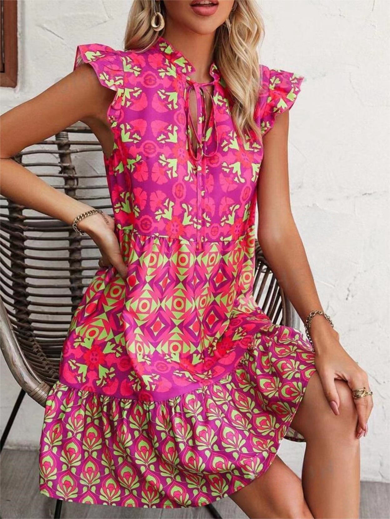 Printed Sleeveless Dress Summer Fashion V-Neck Lace-up Straight Dresses For Womens Clothing - KuzuSHOP