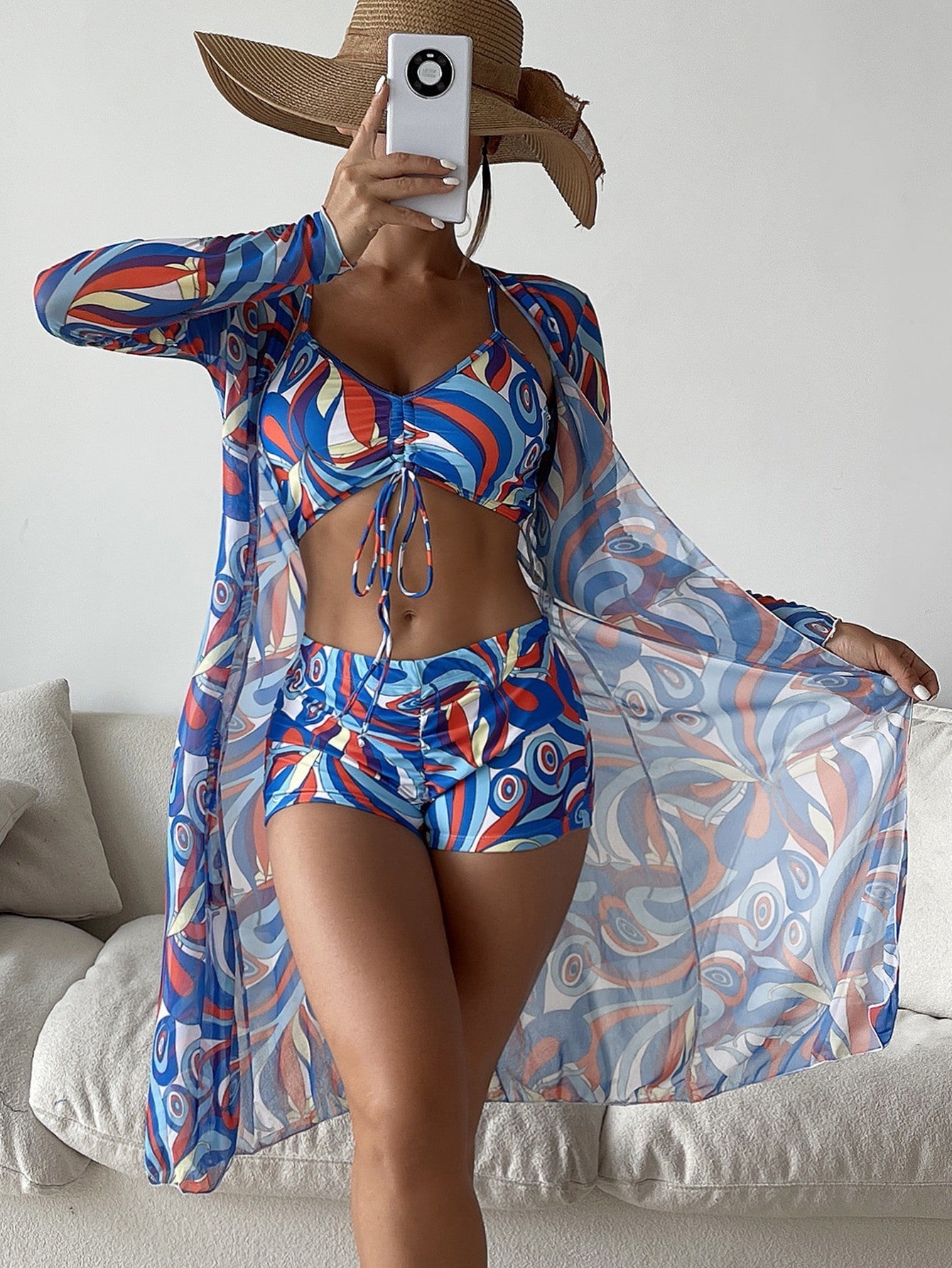 3pcs Pring Bikini With Long Sleeve Cardigan Fashion Summer Beach Swimsuit Women - KuzuSHOP
