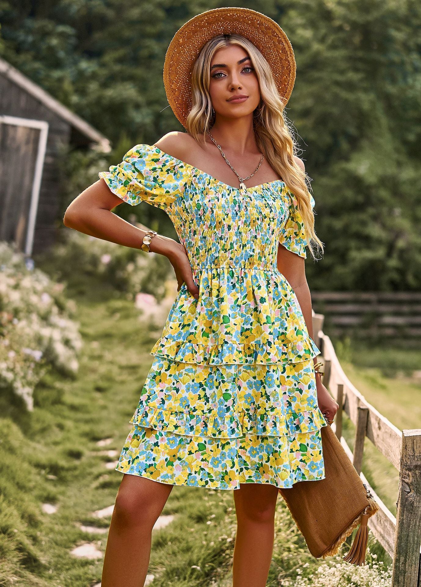 Floral Ruffle Summer Dress Short Sleeve Off Shoulder Mini Dress Beach - KuzuSHOP