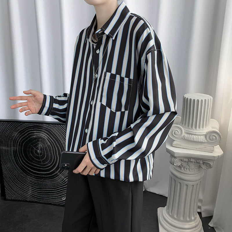 Hong Kong Style Color Block Striped Long-sleeved Shirt - KuzuSHOP