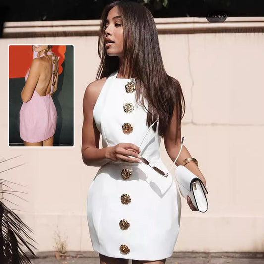 Sweet Sleeveless Backless Dress With Rose Button Design Summer Street Fashion Dresses Womens Clothing - KuzuSHOP