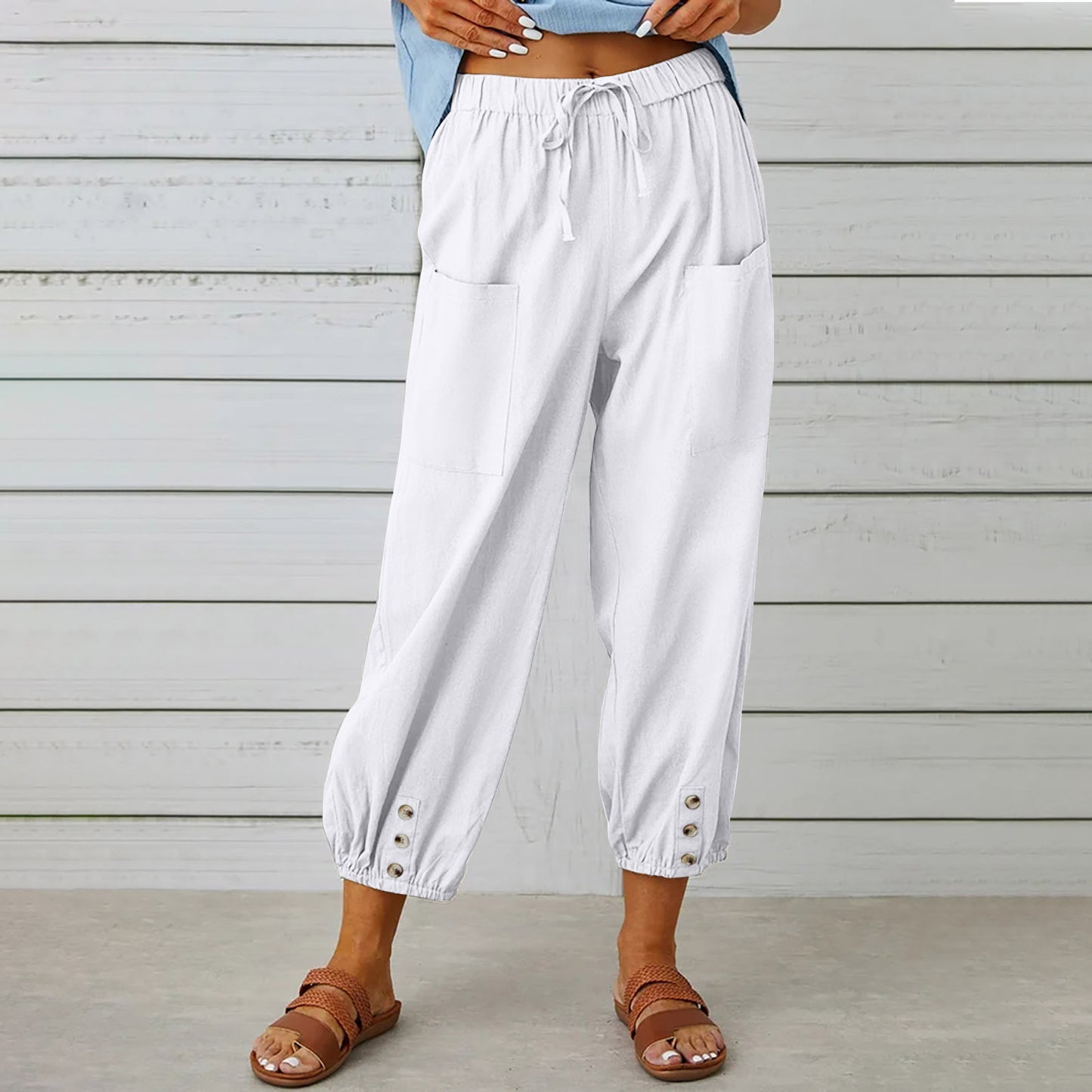 Women Drawstring Tie Pants Spring Summer Cotton And Linen Trousers With Pockets Button - KuzuSHOP
