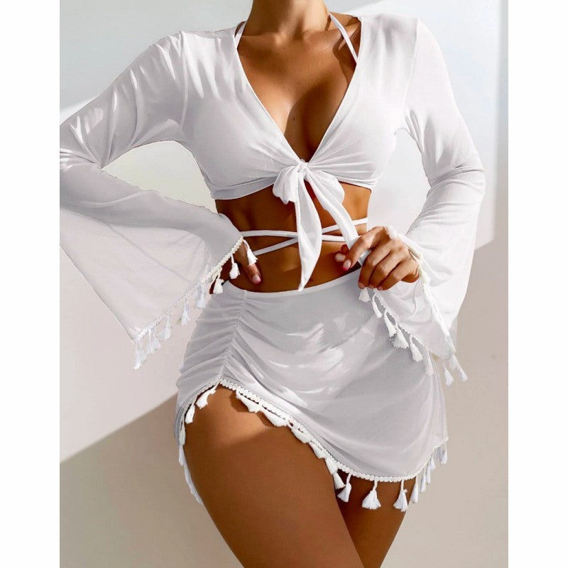 Solid Color Bikini With Short Skirt And Long Sleeve Cover-up Fashion Bow Tie Fringed Swimsuit Set Summer Beach Womens Clothing - KuzuSHOP