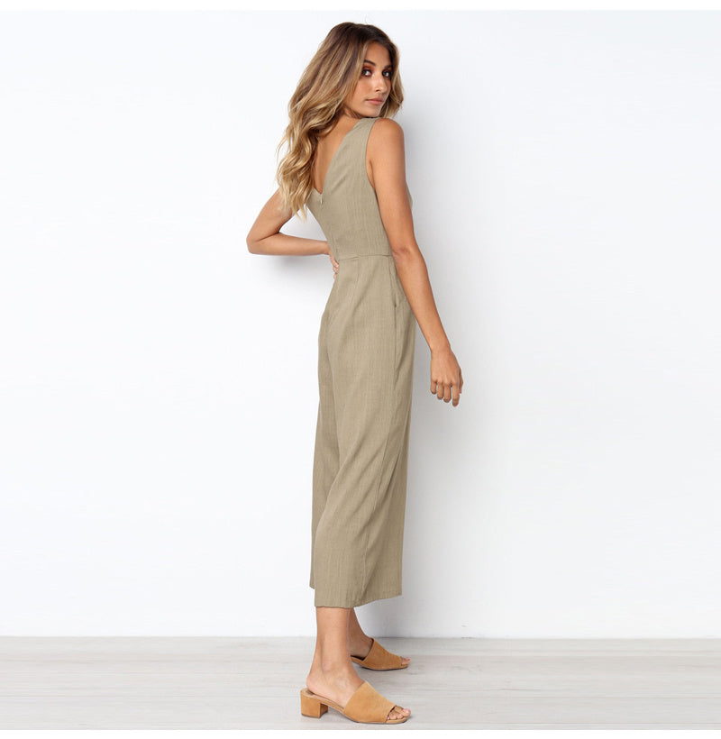 V-neck button backless jumpsuit