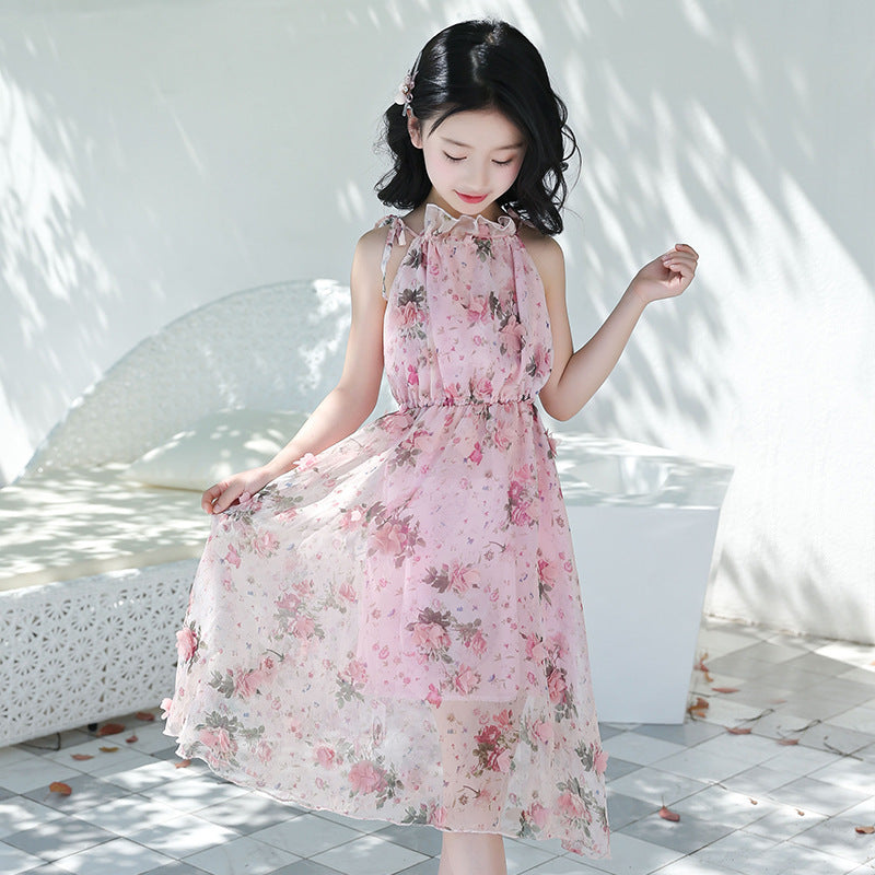 Girls dress floral suspenders skirt - KuzuSHOP