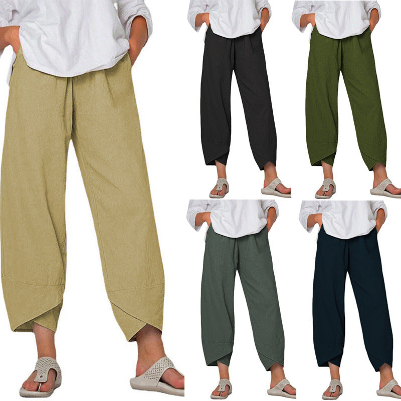 Cotton And Linen Wide Leg Pants Solid Color High Waist Loose Casual Trousers For Women - KuzuSHOP