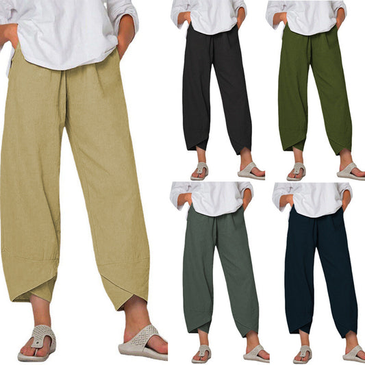 Cotton And Linen Wide Leg Pants Solid Color High Waist Loose Casual Trousers For Women - KuzuSHOP