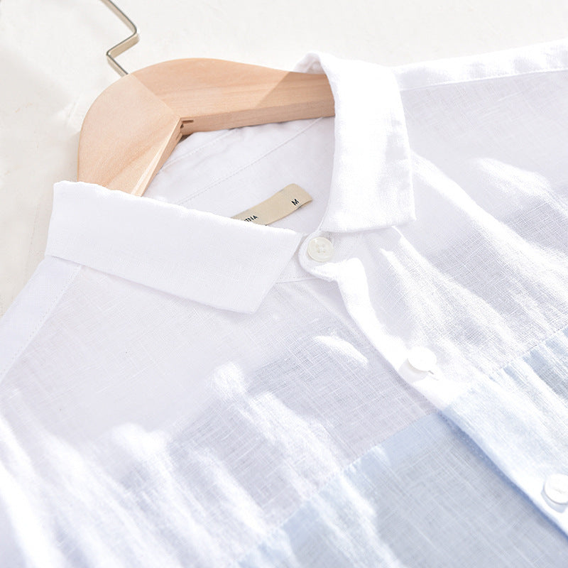 Men's Patchwork Linen Short Sleeve Shirt - KuzuSHOP
