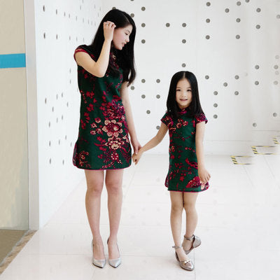 Girls Mianma cheongsam parent-child femelle skirt little girl scout summer Tangzhuang Qipao dresses - KuzuSHOP