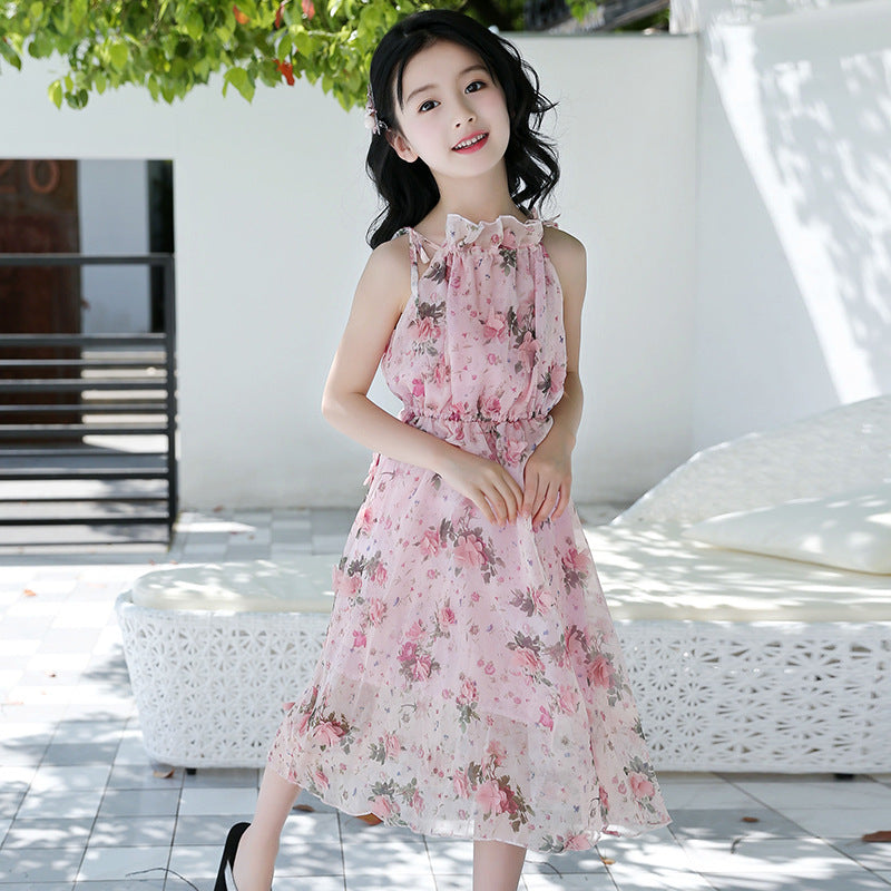 Girls dress floral suspenders skirt - KuzuSHOP
