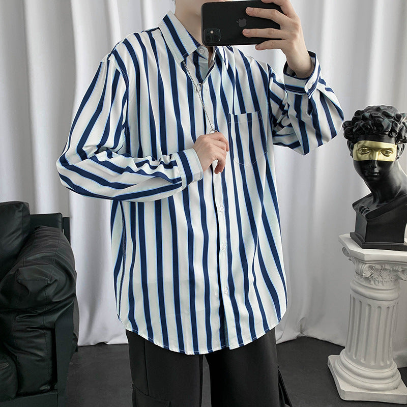 Hong Kong Style Color Block Striped Long-sleeved Shirt - KuzuSHOP