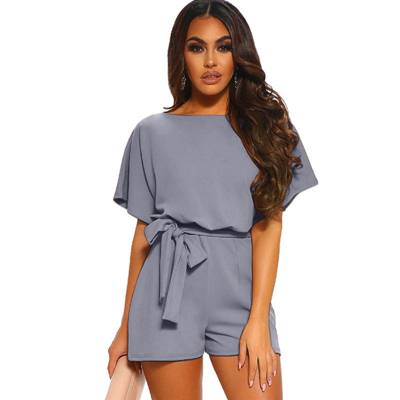Women's Round Neck Short-sleeved Lace-up Jumpsuit - KuzuSHOP