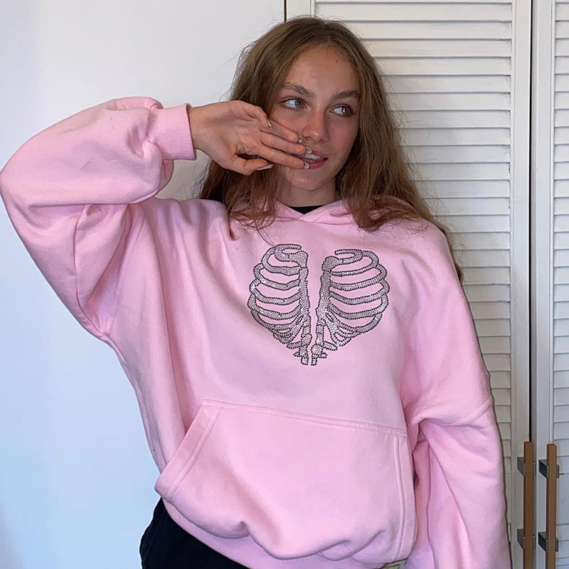 Trendy Skeleton Rhinestone Loose Hooded Sweater - KuzuSHOP