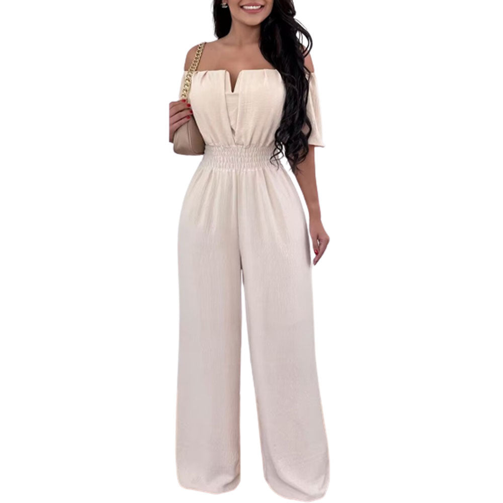 Women's Off-neck Waist Trimming Loose Straight Jumpsuit - KuzuSHOP