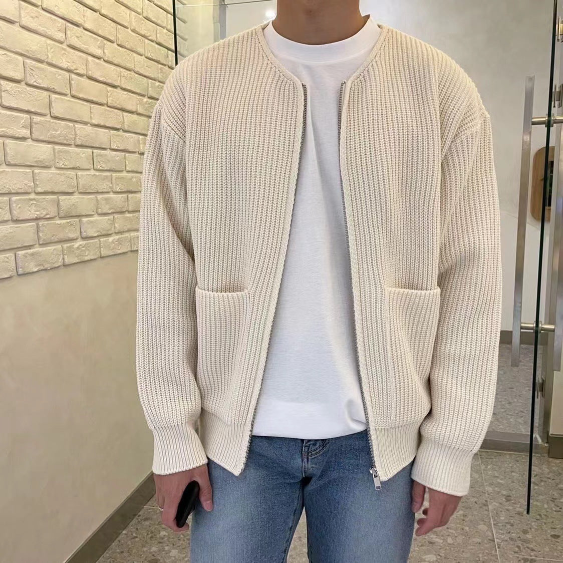 Men Zip Up Knitted Cardigan Lined Funnel Neck Jumper Sweater Pockets Coat All Seasons Comfortable Soft Long Sleeve - KuzuSHOP