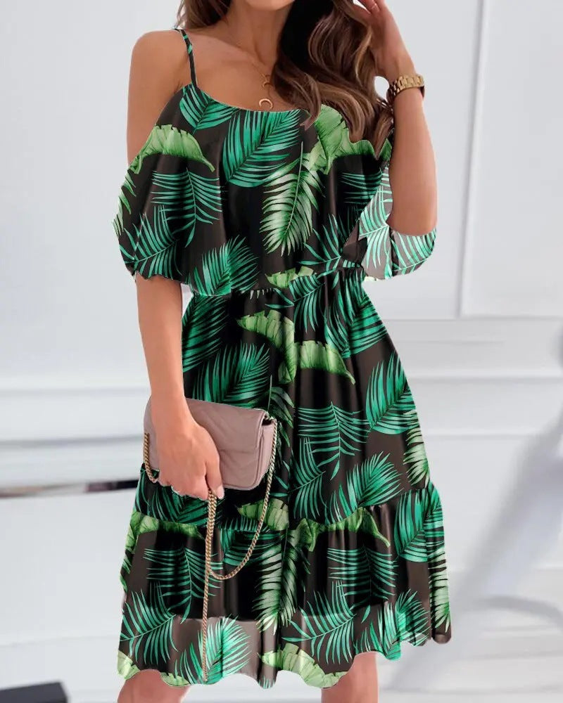 Flower Printed Ruffled Suspender Dress Summer Off-the-shoulder Strap Dresses Women - KuzuSHOP