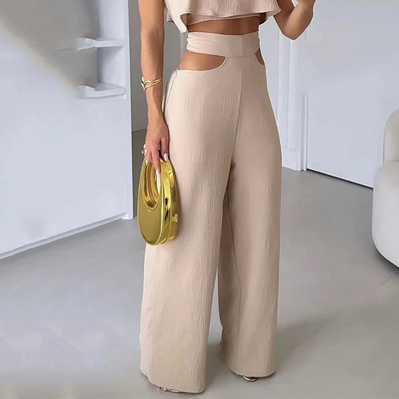 Cross-border Solid Color Sling Top Casual Hollow-out Trousers Suit - KuzuSHOP