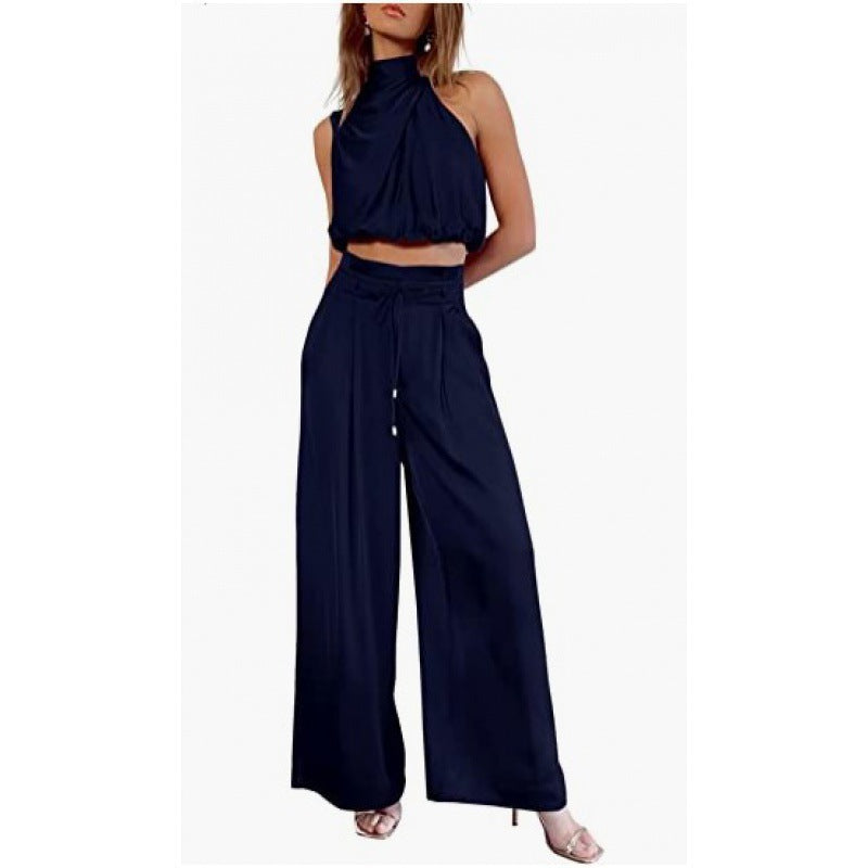 Summer Suits Casual Sleeveless Midriff-baring Top And Wide Leg Pants 2pcs Set Womens Clothing - KuzuSHOP