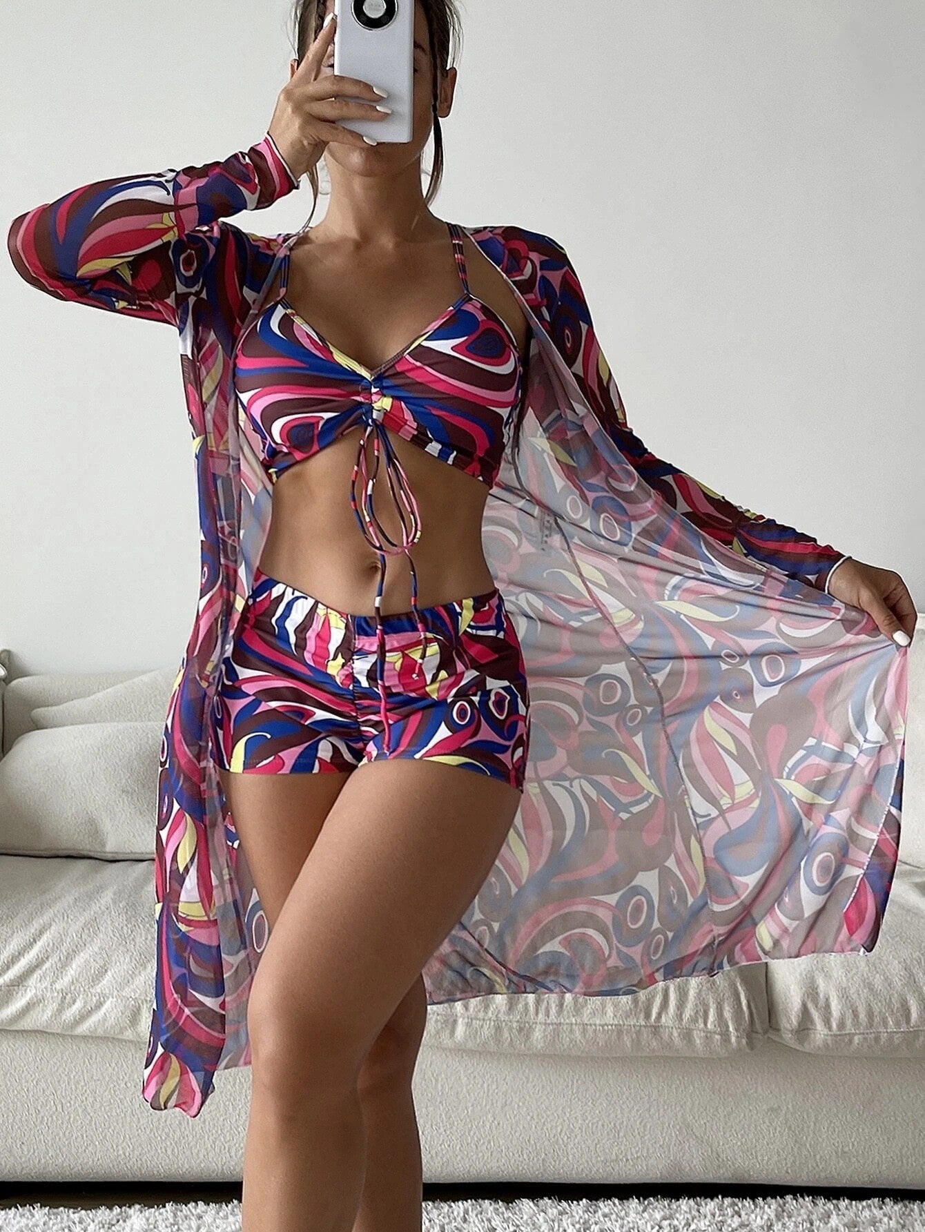 3pcs Pring Bikini With Long Sleeve Cardigan Fashion Summer Beach Swimsuit Women - KuzuSHOP