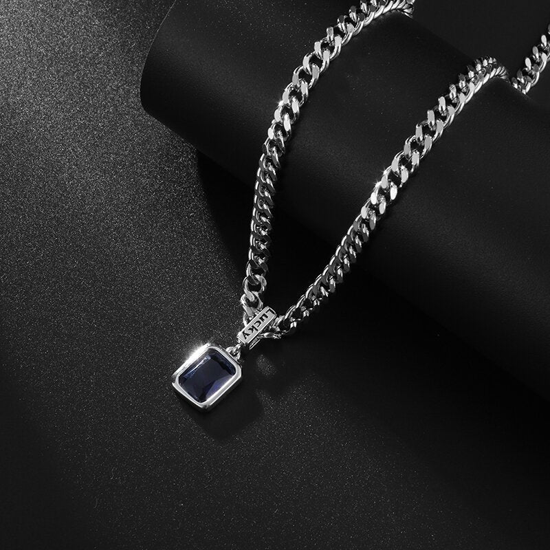 Silver Cuban Link Chain SETI Net Lucky Blue Zircon Pendant Necklace - KuzuSHOP