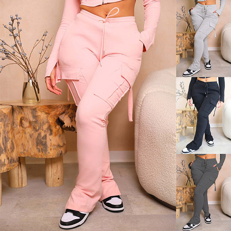 Set For Women, Tops & Cargo Pants With Pockets High Waist Drawstring Wide Leg Straight Trousers. - KuzuSHOP