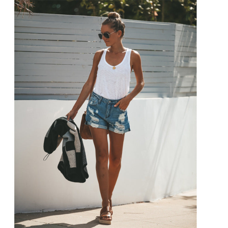 Women denim shorts ripped - KuzuSHOP