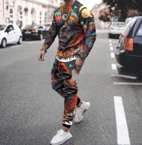 Round Neck T Shirt Long Sleeve Sports Pants Two Piece Set - KuzuSHOP