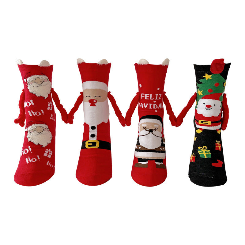 Christmas Magnetic Socks Cute Elk Santa Claus Snowman Hand-holding Socks For Couple - KuzuSHOP