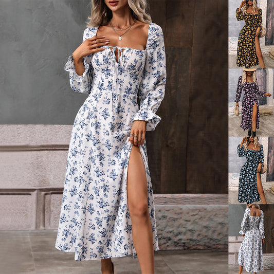 Flowers Printing Long Sleeve Dress Fashion Square-neck Bottom Slit Dresses Womens  Clothing - KuzuSHOP