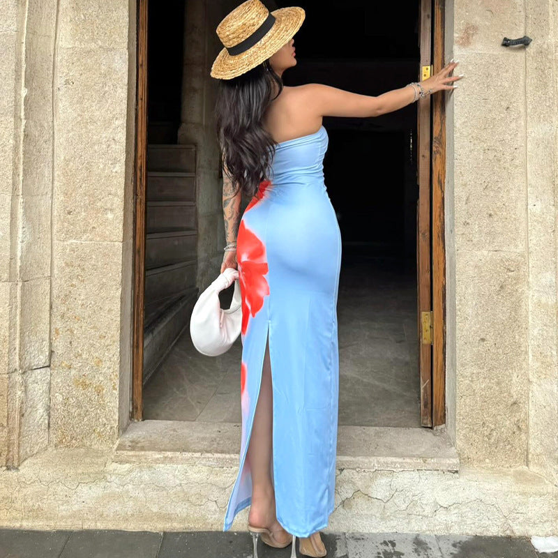 Slim Slit Tube Long Dress Summer Sexy Pint Party Beach Dresses Women's Clothing - KuzuSHOP