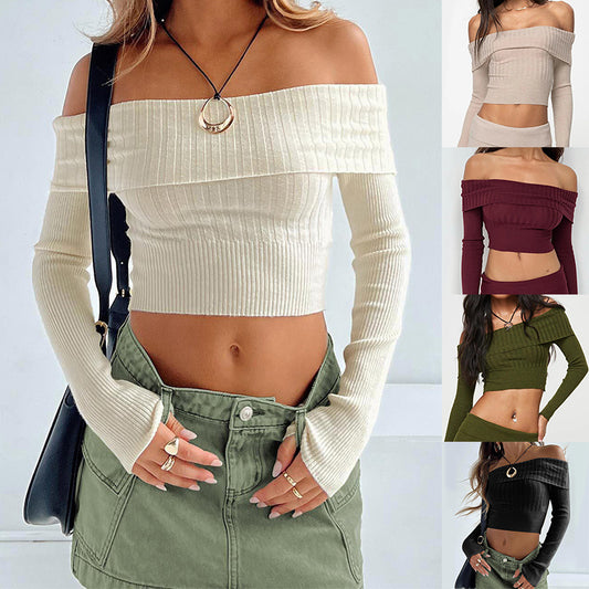 Boat Neck Long Sleeve Knitted Sweater Off-shoulder Crop Short Top SFor Womens Clothing - KuzuSHOP