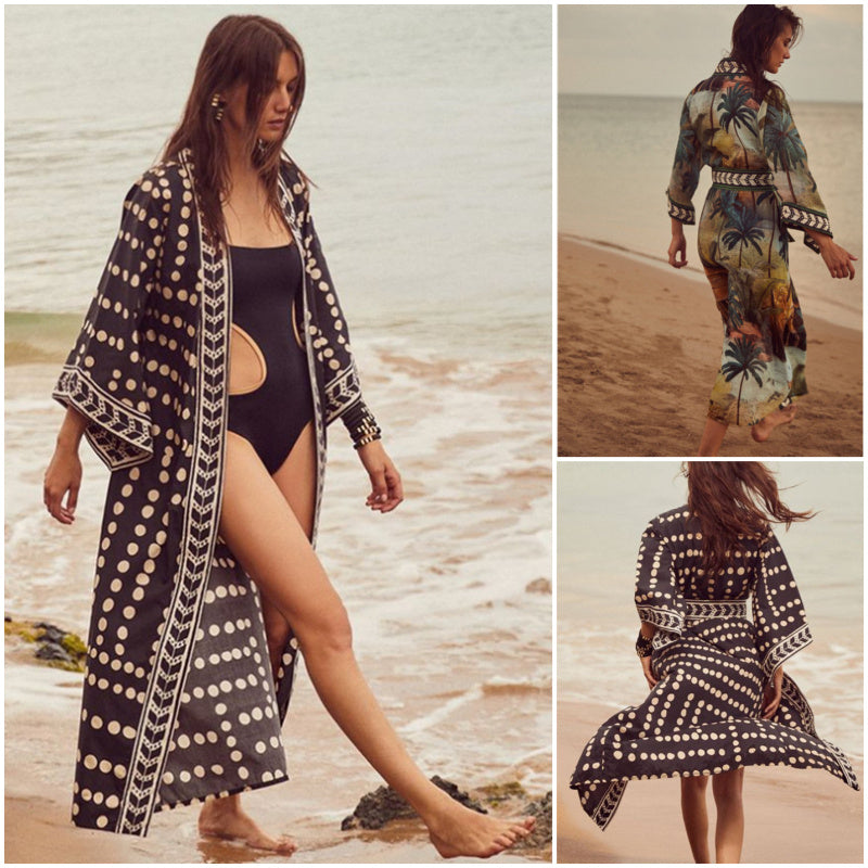 Beach Cardigan Long Sleeve Sun Protection Lace-up Printing Long Beach Wear Dress Leisure Fashion Loose Sexy Bikini Cover Up - KuzuSHOP