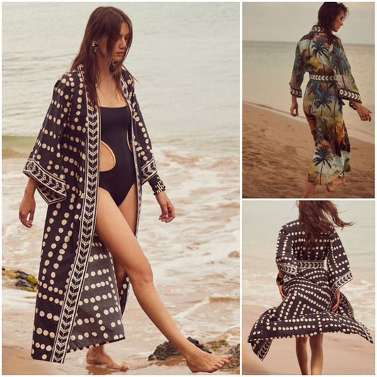 Beach Cardigan Long Sleeve Sun Protection Lace-up Printing Long Beach Wear Dress Leisure Fashion Loose Sexy Bikini Cover Up - KuzuSHOP