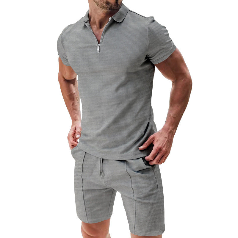 2Pcs Casual Waffle Suit Summer Zipper Lapel Short-sleeved Top And Drawstring Pockets Shorts Versatile Solid Color T-shirt Set For Mens Clothing - KuzuSHOP