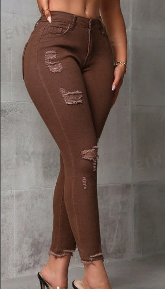 Women's Ripped Slim Fit Nine-Point Denim Jeans - KuzuSHOP