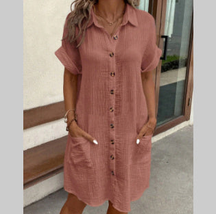 Summer Short Sleeve Shirt Dress Fashion Solid Color Single-breasted Mid-length Loose Dress - KuzuSHOP