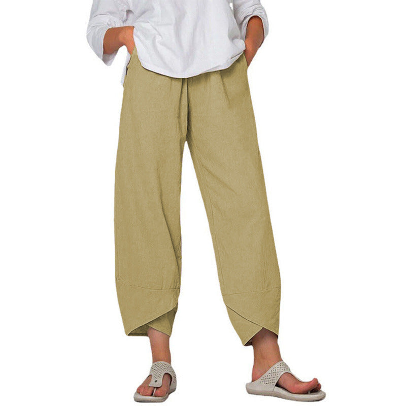 Cotton And Linen Wide Leg Pants Solid Color High Waist Loose Casual Trousers For Women - KuzuSHOP