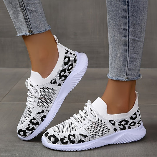 White Shoes Women Leopard Print Lace-up Sneakers Sports - KuzuSHOP