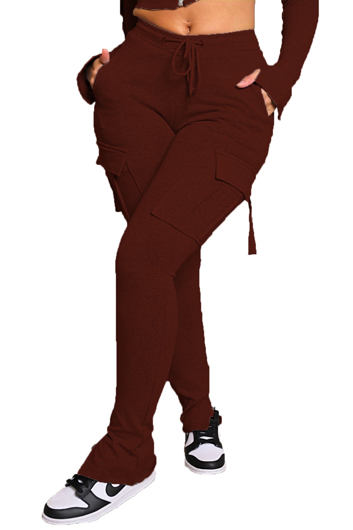 Set For Women, Tops & Cargo Pants With Pockets High Waist Drawstring Wide Leg Straight Trousers. - KuzuSHOP