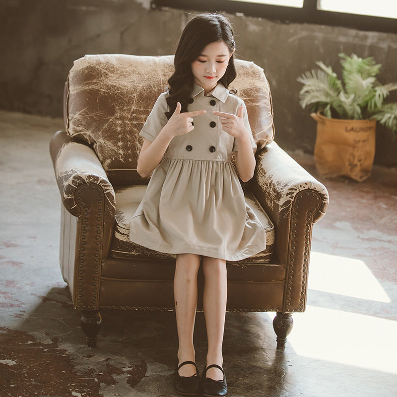 Kids Summer Clothing Beige Korean Style Children Shirt Girls' Dress Medium And Large Children's Dress Children Shirt - KuzuSHOP