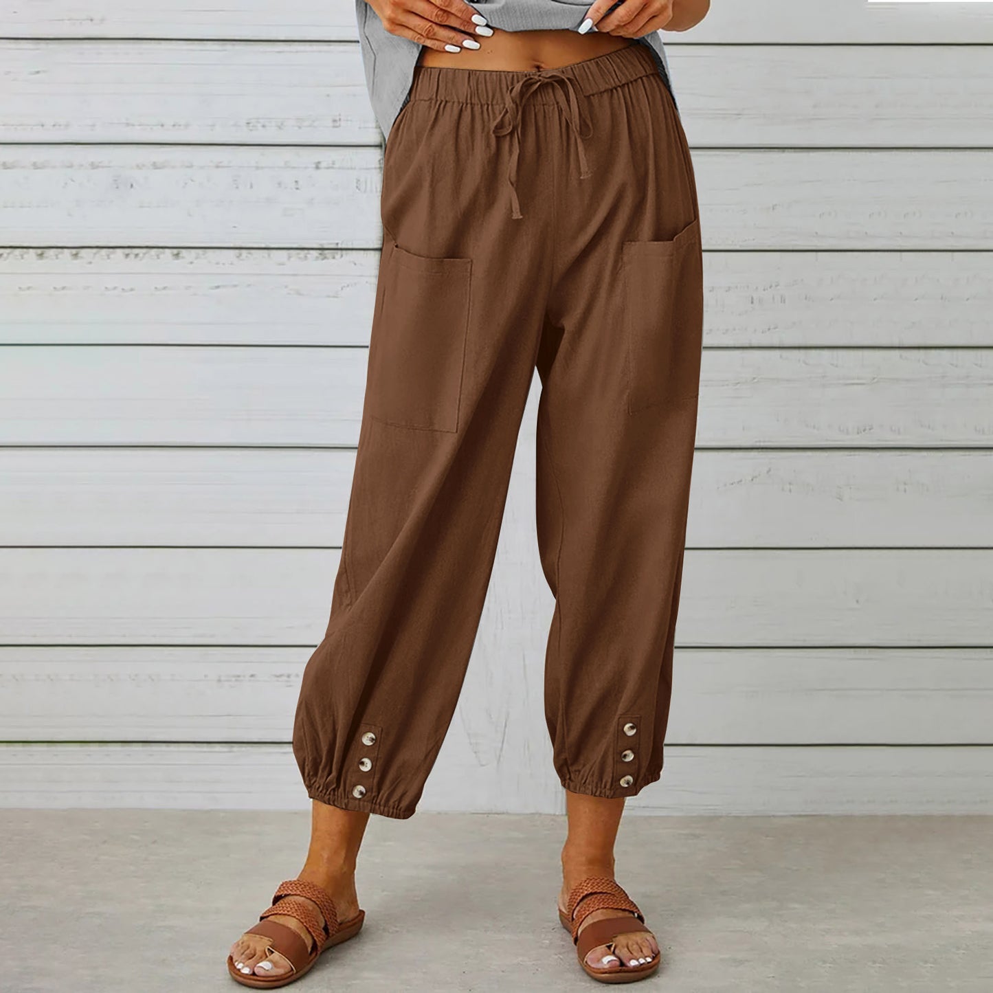 Women Drawstring Tie Pants Spring Summer Cotton And Linen Trousers With Pockets Button - KuzuSHOP