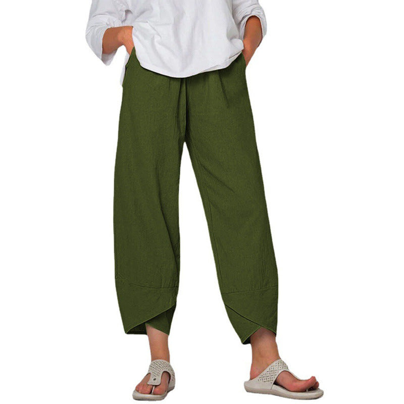 Cotton And Linen Wide Leg Pants Solid Color High Waist Loose Casual Trousers For Women - KuzuSHOP