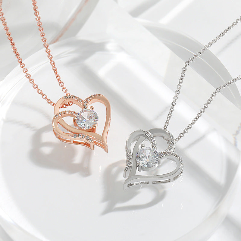 Zircon Double Love Necklace With Rhinestones Ins Personalized Heart-shaped Necklace Clavicle Chain Jewelry For Women Valentine's Day - KuzuSHOP