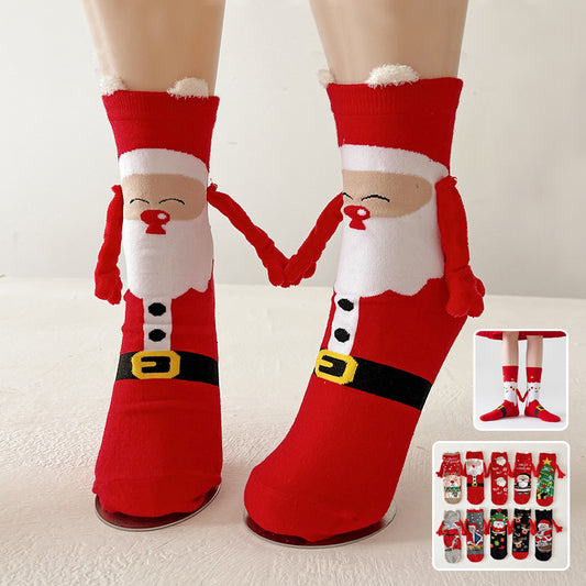Christmas Magnetic Socks Cute Elk Santa Claus Snowman Hand-holding Socks For Couple - KuzuSHOP
