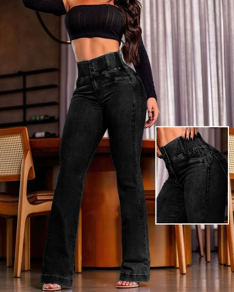 Sexy Elegant New Fashion Casual Female Trouser Bottom Back Shirred Button Front High Waist Jeans - KuzuSHOP
