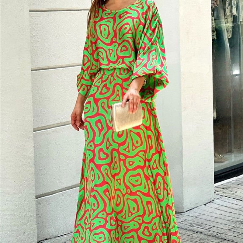 2pcs Women's Dress Suits Fashion Loose Printed Long Sleeve Top And High Waist Long Skirt - KuzuSHOP