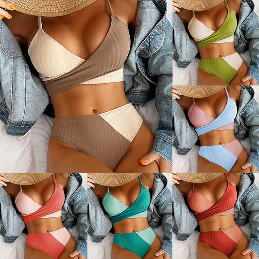 Bikini Patchwork Swimwear Ribbed Women's Swimsuit Knot Back Beachwear Ruched Butt Biquinis Bathing Suits - KuzuSHOP