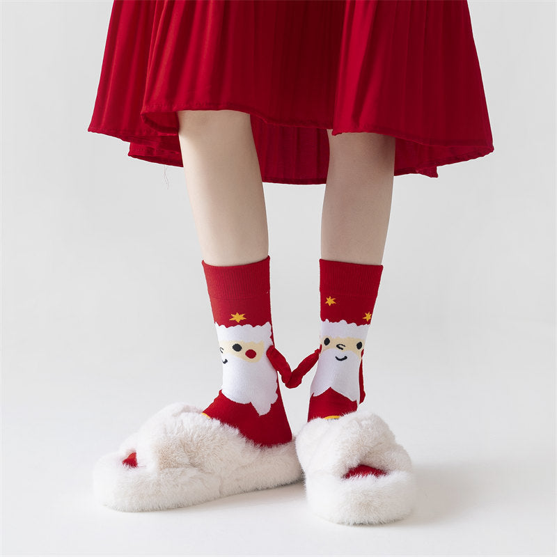 Christmas Magnetic Socks Cute Elk Santa Claus Snowman Hand-holding Socks For Couple - KuzuSHOP